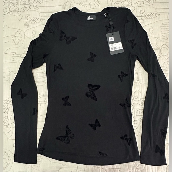 NWT The Kooples Flocked Butterfly Long-Sleeve Ribbed Tee 1 (S) Black Crest - Picture 5 of 11